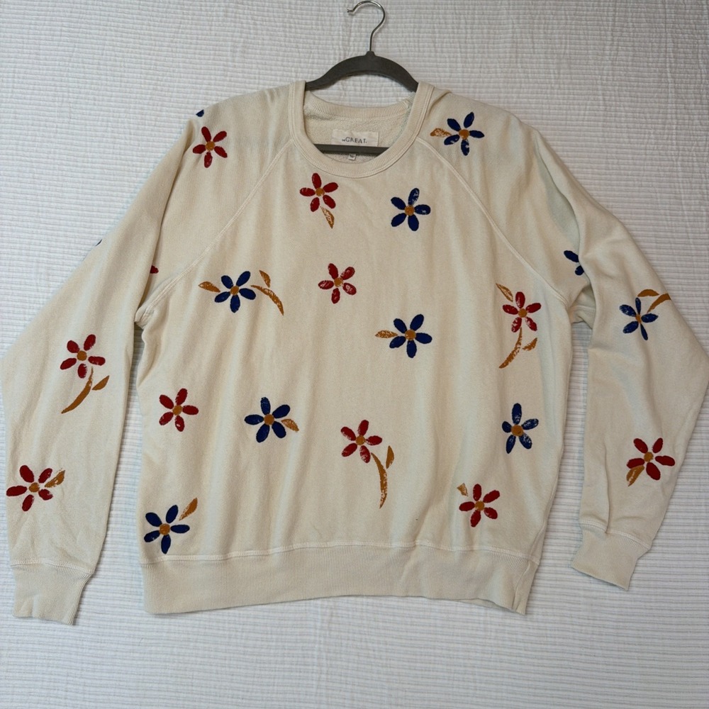 THE GREAT Paint Floral College Ivory Sweatshirt Long Sleeves M 2 Comfy